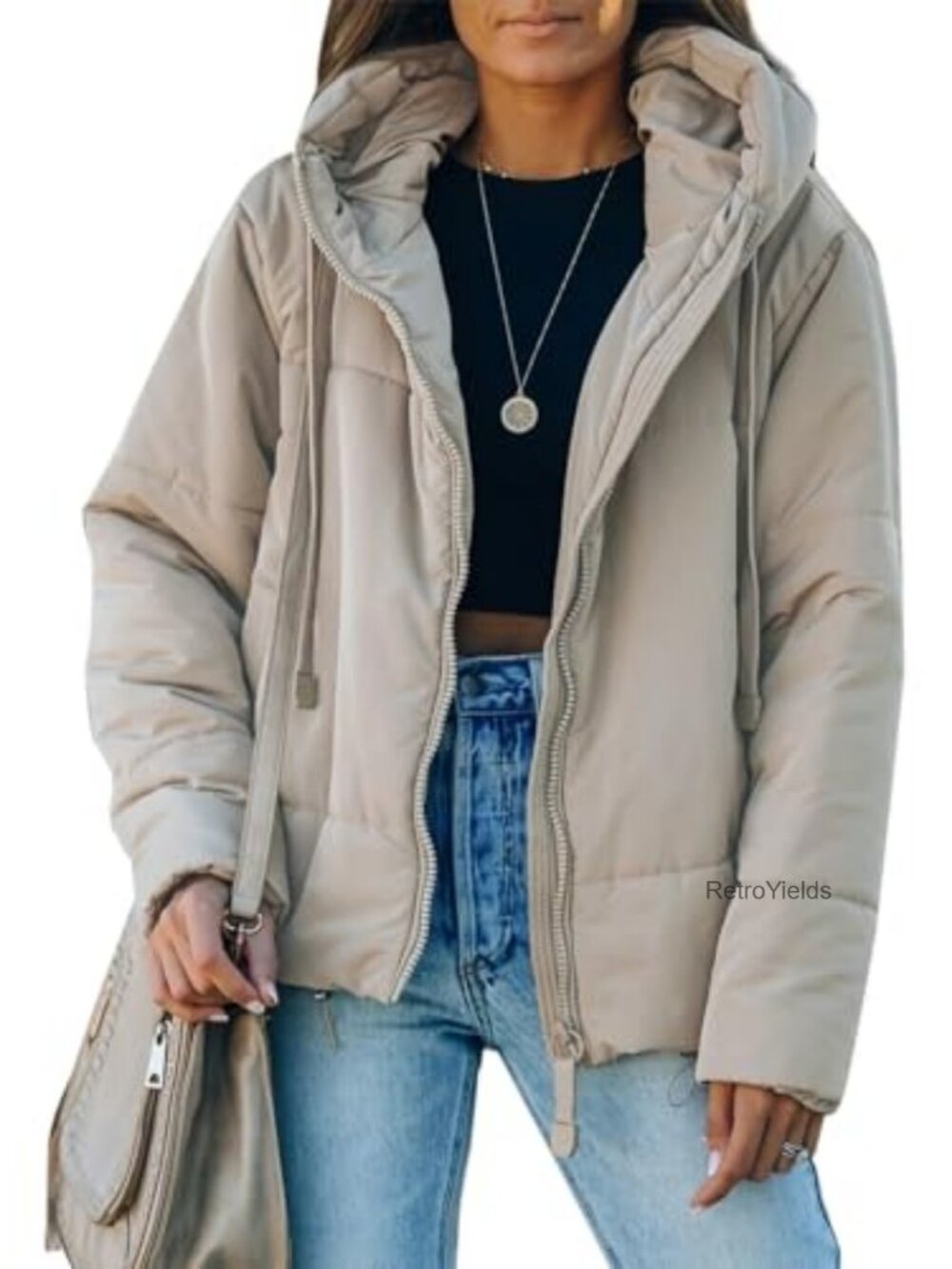 Women's Hooded Puffer Jacket Full Zip Oversized Short Winter Coat